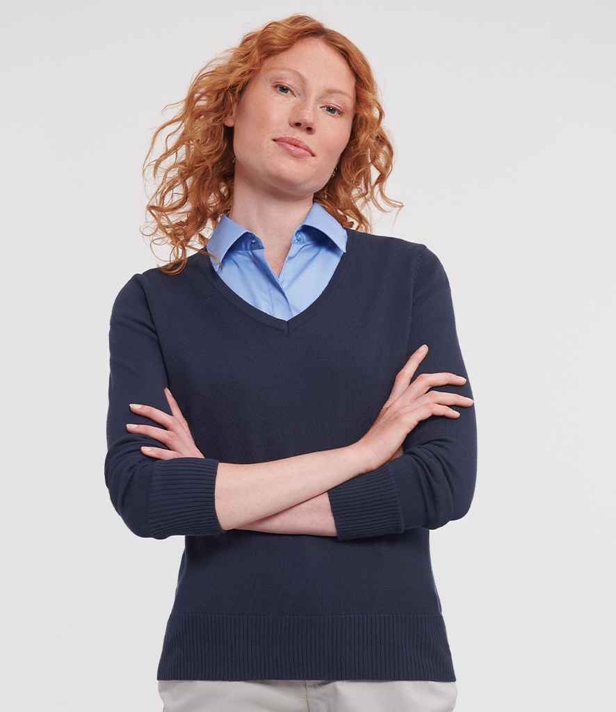 Russell Collection Ladies Cotton Acrylic V Neck Sweater - French Navy (710F)