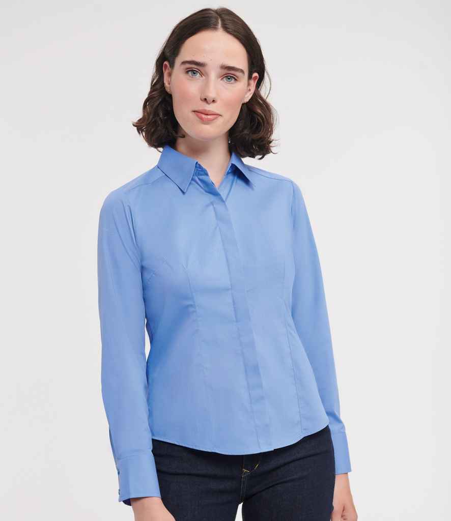 Russell Collection Ladies Long Sleeve Fitted Poplin Shirt - Corporate Blue (924F)