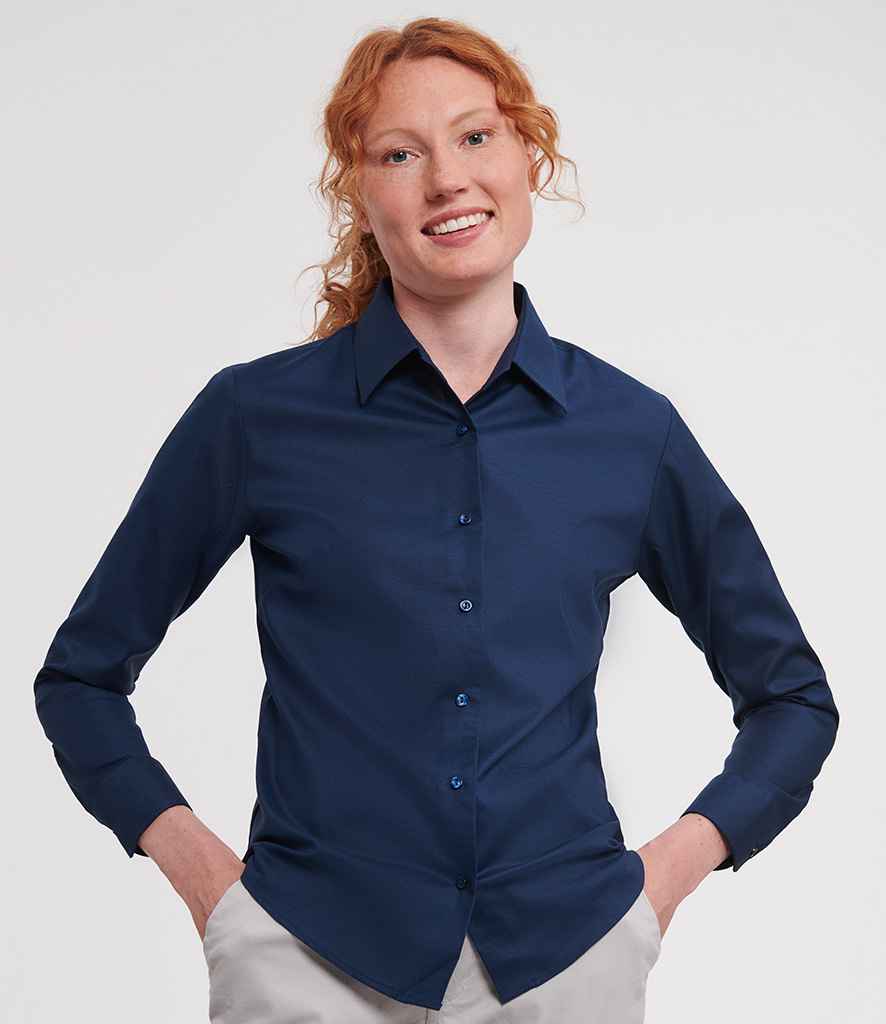 Russell Collection Ladies Long Sleeve Easy Care Oxford Shirt - Bright Navy (932F)