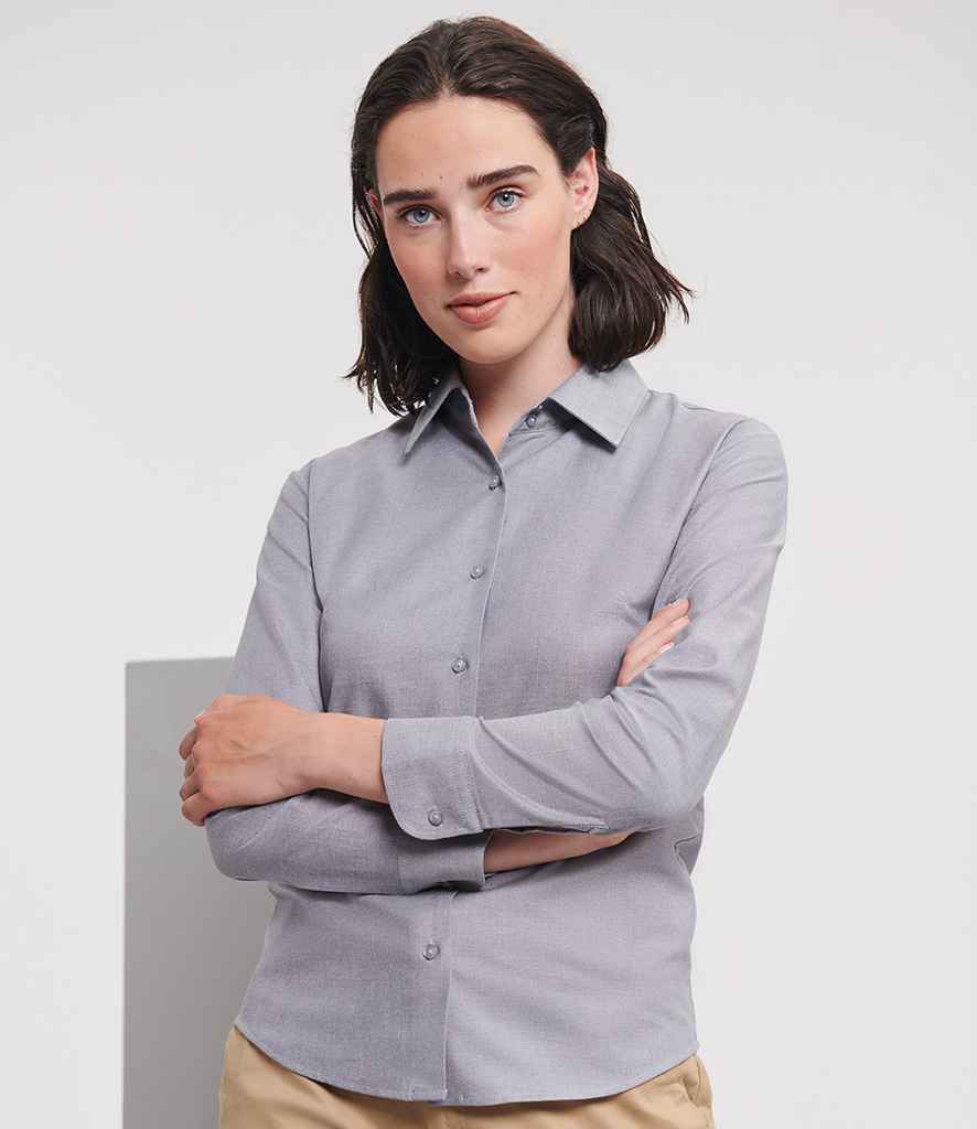 Russell Collection Ladies Long Sleeve Easy Care Oxford Shirt - Silver (932F)