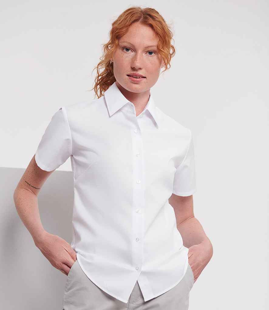 Russell Collection Ladies Short Sleeve Easy Care Oxford Shirt - White (933F)