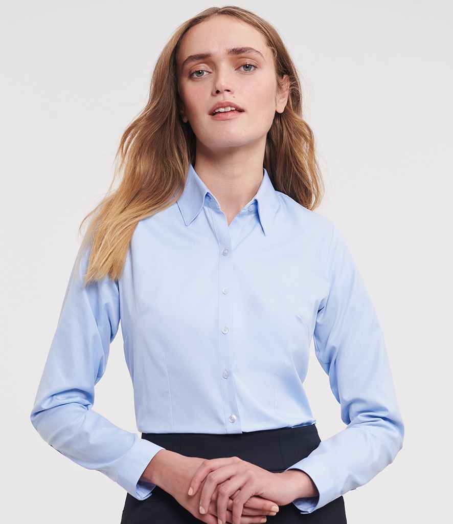 Russell Collection Ladies Long Sleeve Herringbone Shirt - Light Blue (962F)