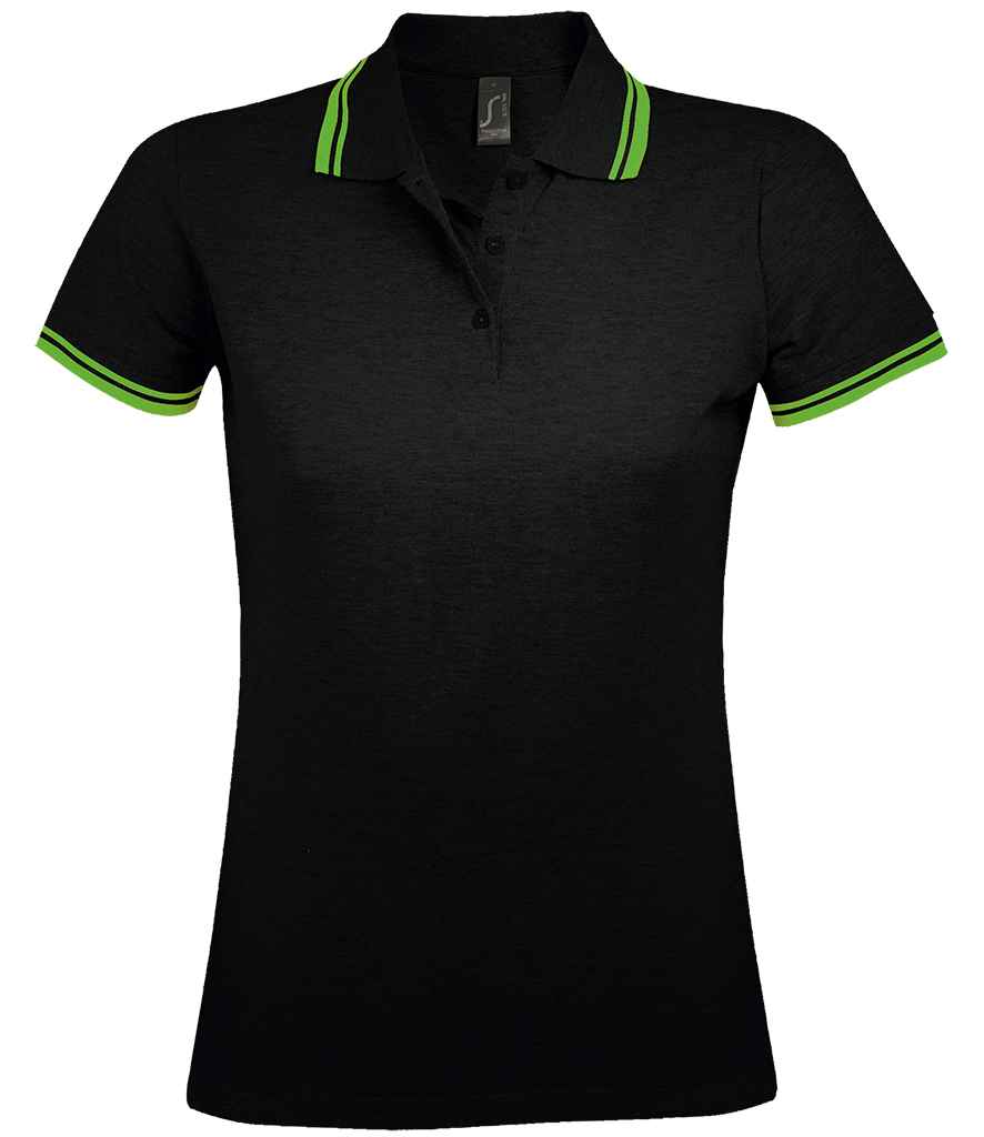SOL'S SOL'S Ladies Pasadena Tipped Cotton Piqué Polo Shirt - Black/Lime Green (10578)