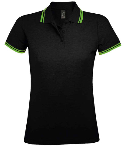 SOL'S SOL'S Ladies Pasadena Tipped Cotton Piqué Polo Shirt - Black/Lime Green (10578)