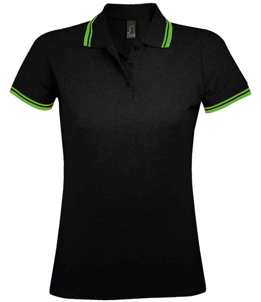 SOL'S SOL'S Ladies Pasadena Tipped Cotton Piqué Polo Shirt - Black/Lime Green (10578)