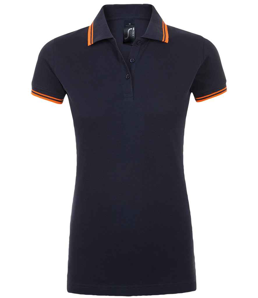 SOL'S SOL'S Ladies Pasadena Tipped Cotton Piqué Polo Shirt - French Navy/Neon Orange (10578)