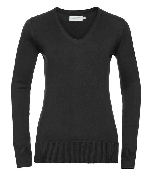 Russell Collection Ladies Cotton Acrylic V Neck Sweater - Black (710F)