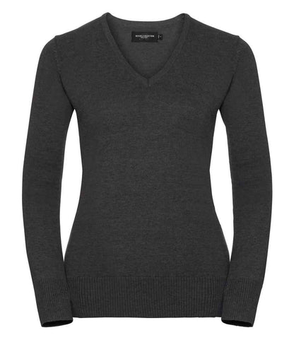 Russell Collection Ladies Cotton Acrylic V Neck Sweater - Charcoal Marl (710F)