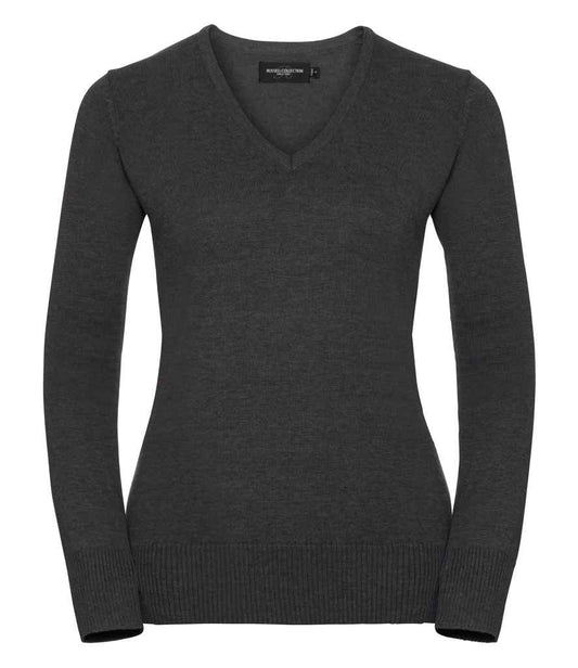 Russell Collection Ladies Cotton Acrylic V Neck Sweater - Charcoal Marl (710F)