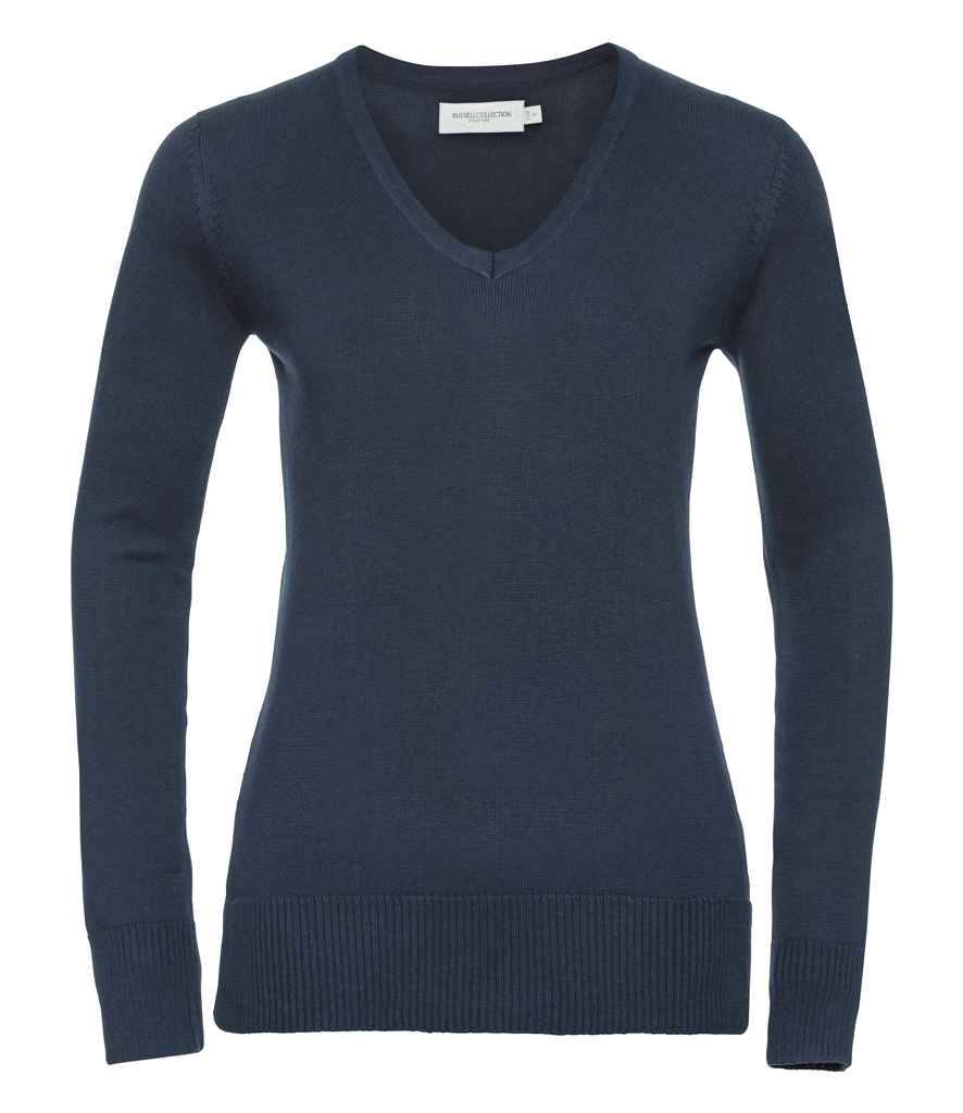 Russell Collection Ladies Cotton Acrylic V Neck Sweater - French Navy (710F)