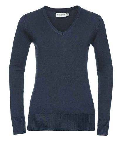 Russell Collection Ladies Cotton Acrylic V Neck Sweater - French Navy (710F)