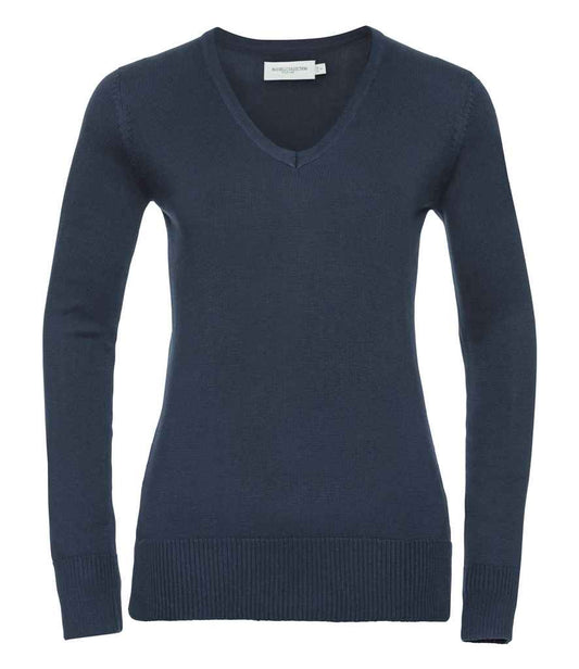 Russell Collection Ladies Cotton Acrylic V Neck Sweater - French Navy (710F)
