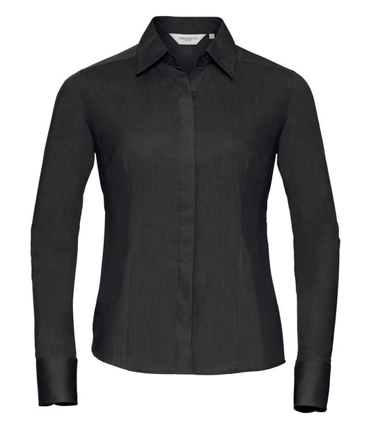 Russell Collection Ladies Long Sleeve Fitted Poplin Shirt - Black (924F)