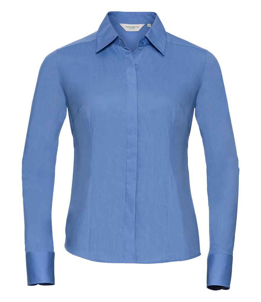 Russell Collection Ladies Long Sleeve Fitted Poplin Shirt - Corporate Blue (924F)