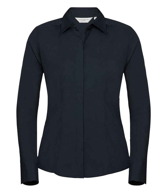 Russell Collection Ladies Long Sleeve Fitted Poplin Shirt - French Navy (924F)