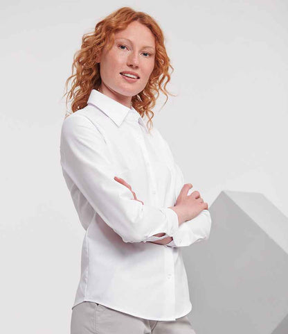 Russell Collection Ladies Long Sleeve Easy Care Oxford Shirt - White (932F)