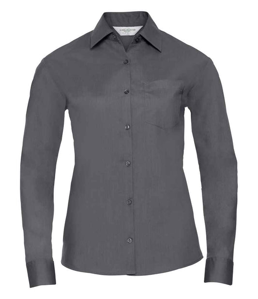 Russell Collection Ladies Long Sleeve Easy Care Poplin Shirt - Convoy Grey (934F)