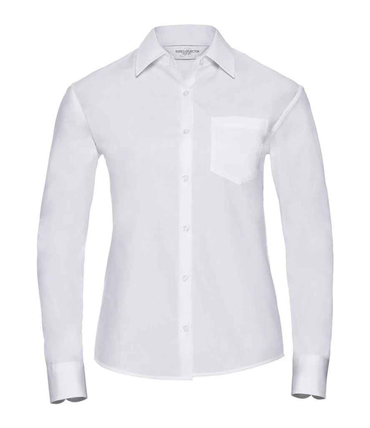 Russell Collection Ladies Long Sleeve Easy Care Cotton Poplin Shirt - White (936F)