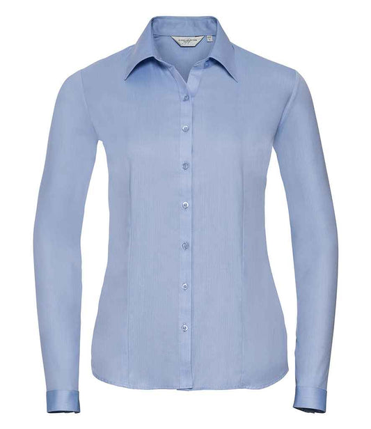 Russell Collection Ladies Long Sleeve Herringbone Shirt - Light Blue (962F)