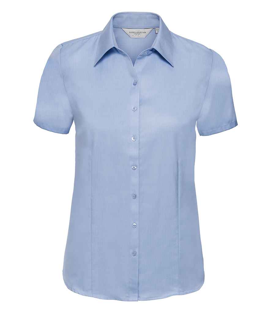Russell Collection Ladies Short Sleeve Herringbone Shirt - Light Blue (963F)