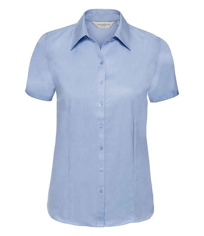 Russell Collection Ladies Short Sleeve Herringbone Shirt - Light Blue (963F)