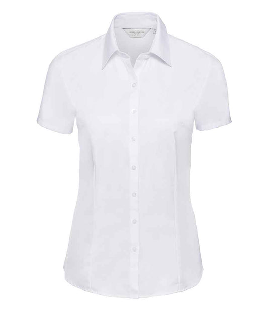Russell Collection Ladies Short Sleeve Herringbone Shirt - White (963F)