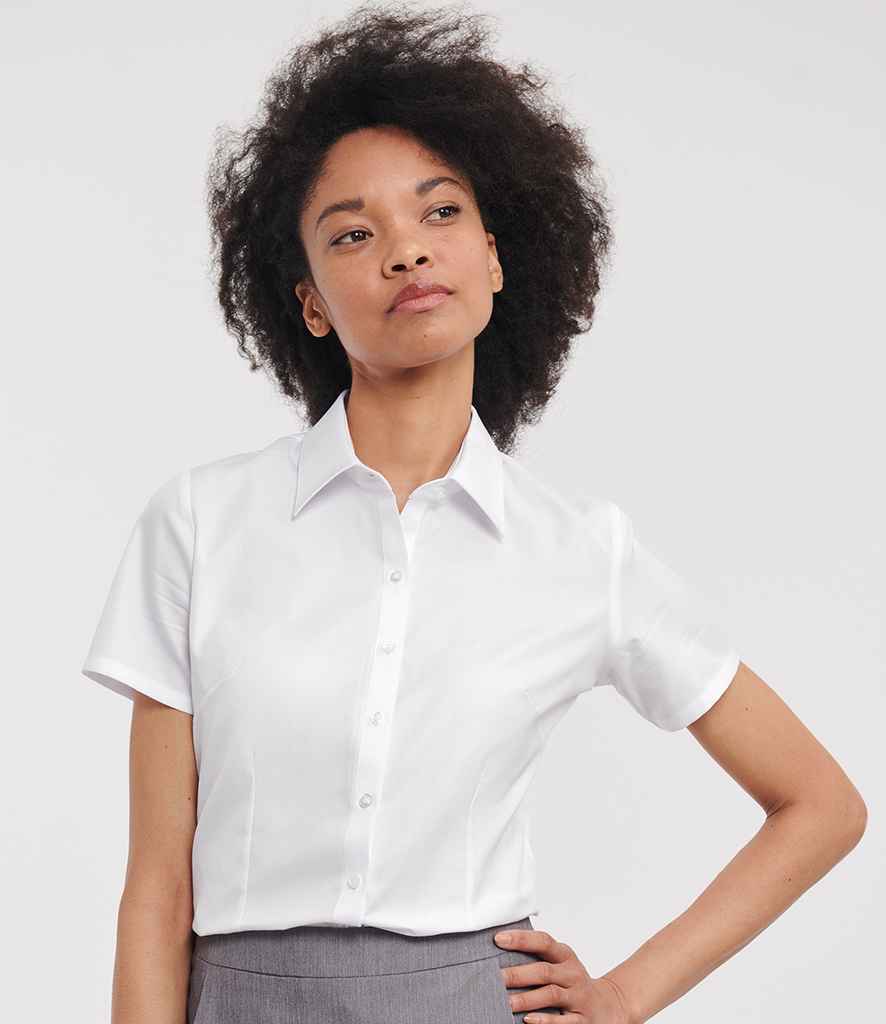 Russell Collection Ladies Short Sleeve Herringbone Shirt - White (963F)