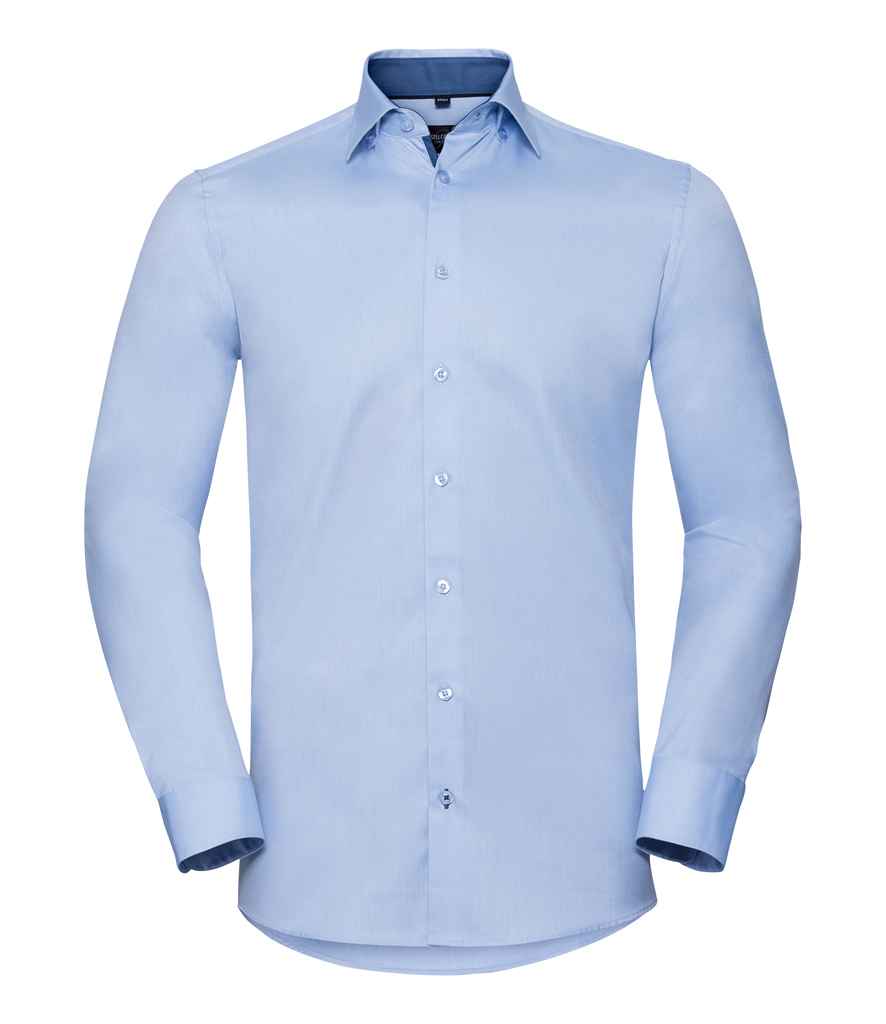 Russell Collection Long Sleeve Contrast Herringbone Shirt - Light Blue/Mid Blue (964M)