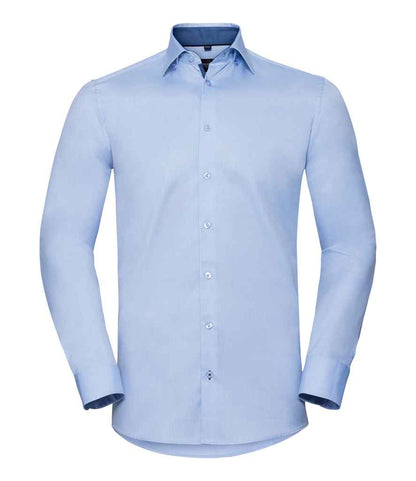 Russell Collection Long Sleeve Contrast Herringbone Shirt - Light Blue/Mid Blue (964M)