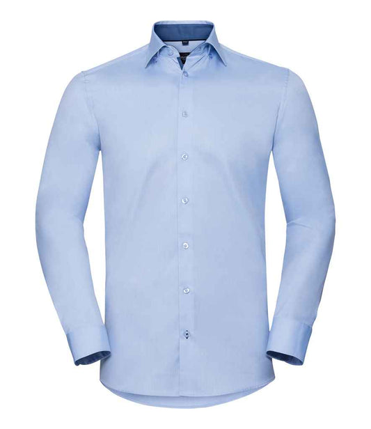 Russell Collection Long Sleeve Contrast Herringbone Shirt - Light Blue/Mid Blue (964M)