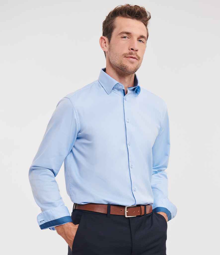 Russell Collection Long Sleeve Contrast Herringbone Shirt - Light Blue/Mid Blue (964M)