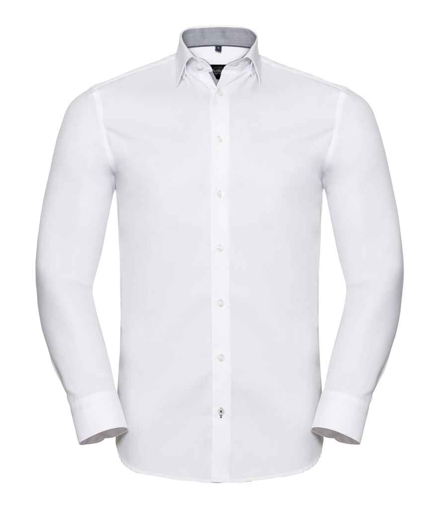 Russell Collection Long Sleeve Contrast Herringbone Shirt - White/Silver (964M)