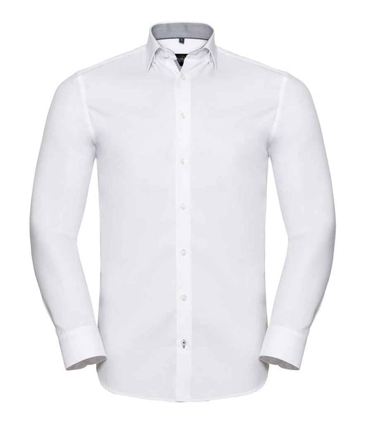 Russell Collection Long Sleeve Contrast Herringbone Shirt - White/Silver (964M)