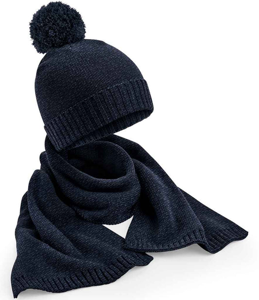 Beechfield Knitted Scarf and Beanie Gift Set - Navy Fleck (BB401)