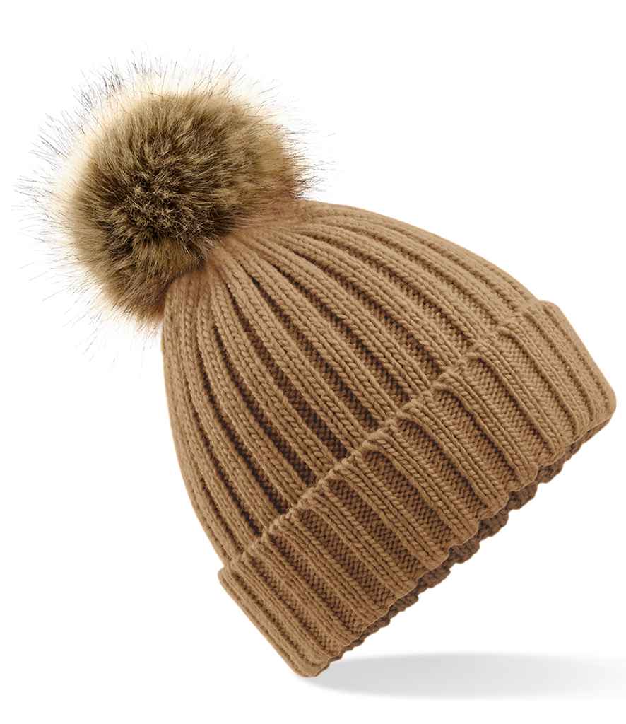 Beechfield Faux Fur Pop Pom Chunky Beanie - Biscuit (BB412)