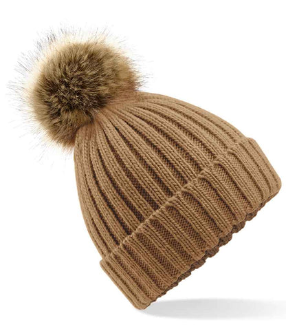 Beechfield Faux Fur Pop Pom Chunky Beanie - Biscuit (BB412)