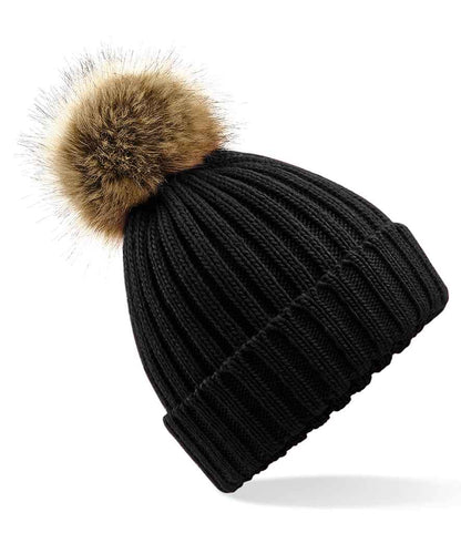 Beechfield Faux Fur Pop Pom Chunky Beanie - Black (BB412)