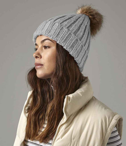 Beechfield Faux Fur Pop Pom Chunky Beanie - Light Grey (BB412)