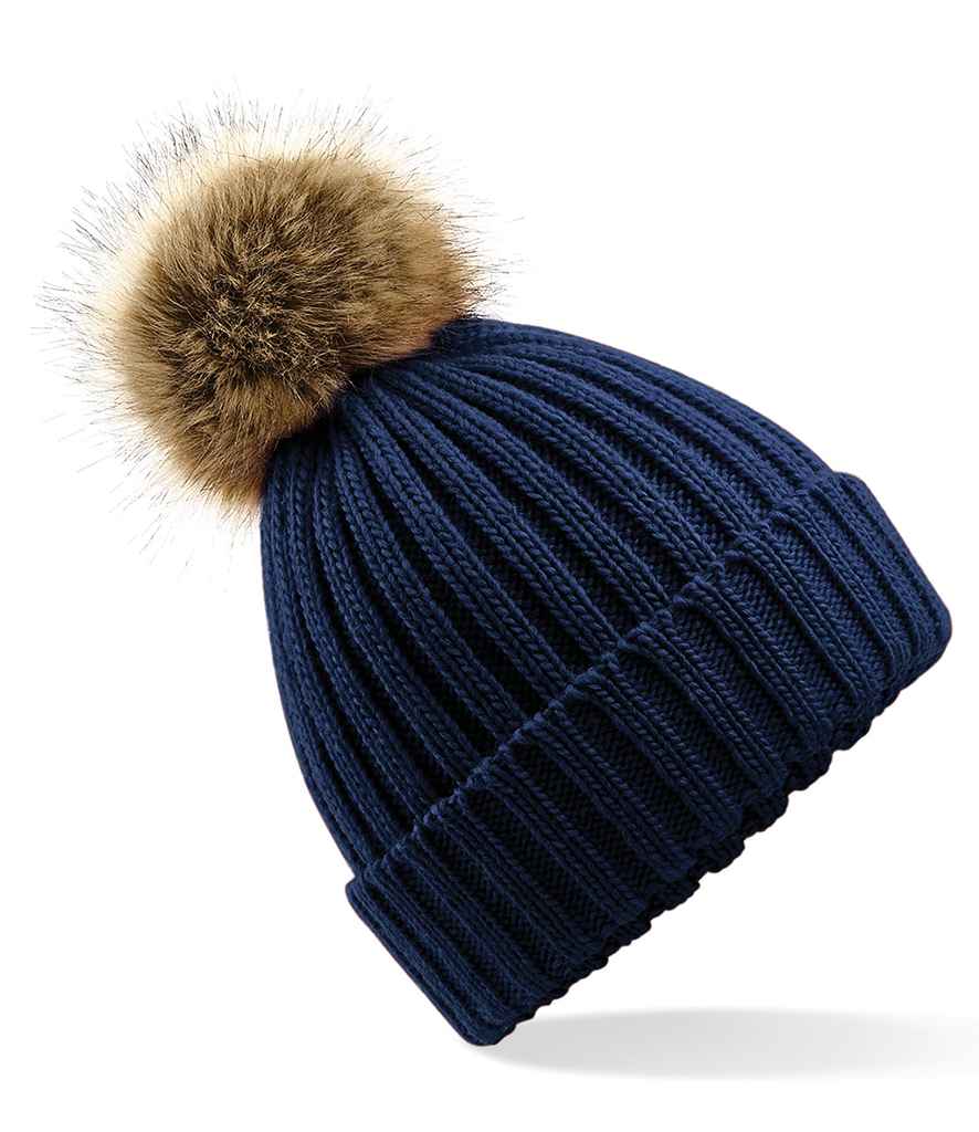 Beechfield Faux Fur Pop Pom Chunky Beanie - Navy (BB412)