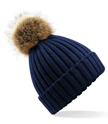Beechfield Faux Fur Pop Pom Chunky Beanie - Navy (BB412)