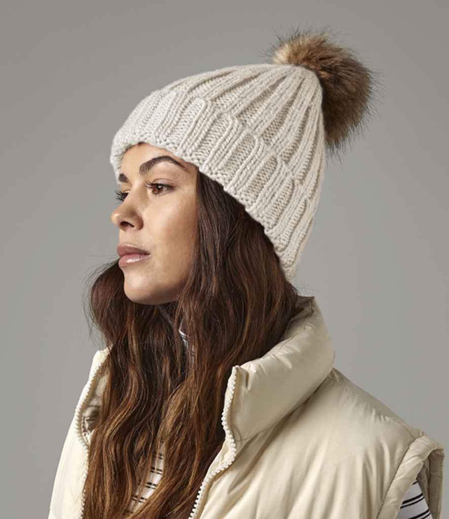 Beechfield Faux Fur Pop Pom Chunky Beanie - Oatmeal (BB412)