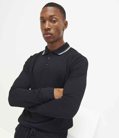 Just Polos AWDis Long Sleeve Tipped 100 Polo Shirt - Deep Black/White (JP103)