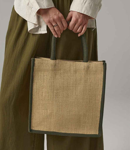 Westford Mill Natural Starched Jute Midi Tote Bag - Natural/Olive Green (W473)