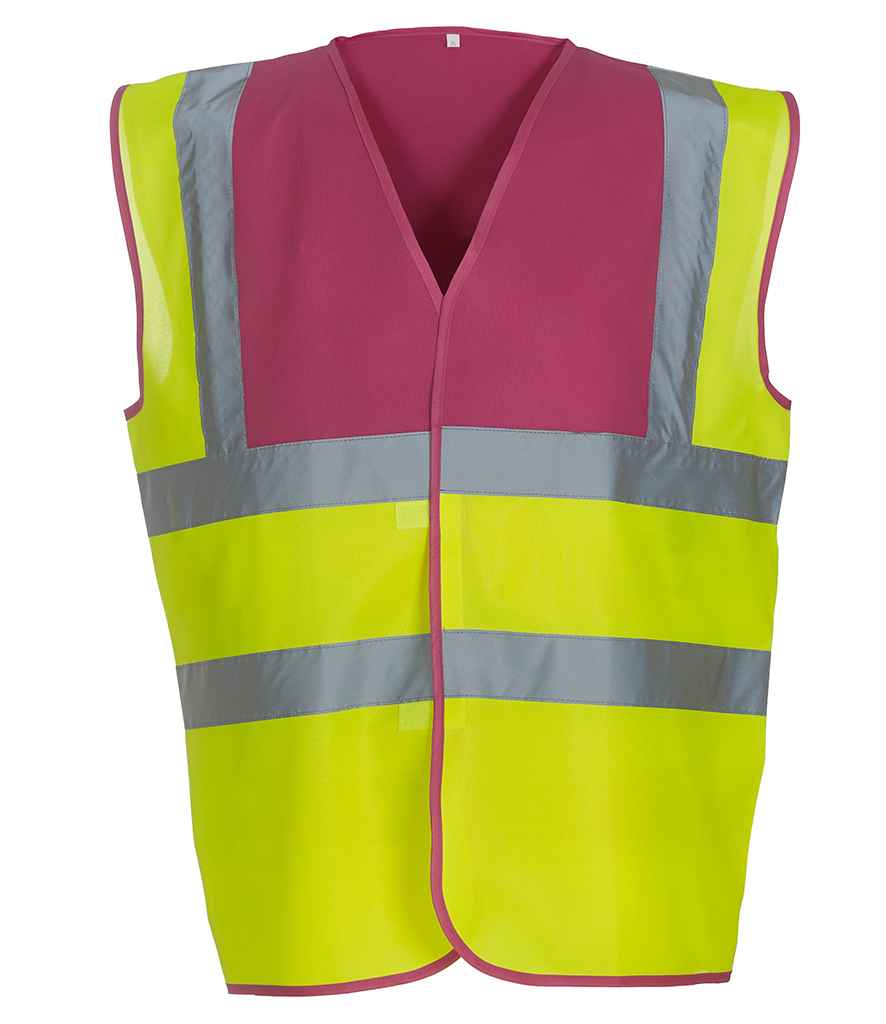 Yoko Hi-Vis Two Band and Braces Waistcoat - Raspberry/Yellow (YK102)