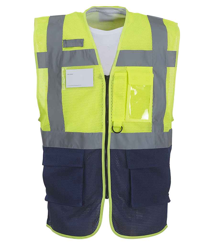 Yoko Hi-Vis Top Cool Open Mesh Executive Waistcoat - Yellow/Navy (YK107)